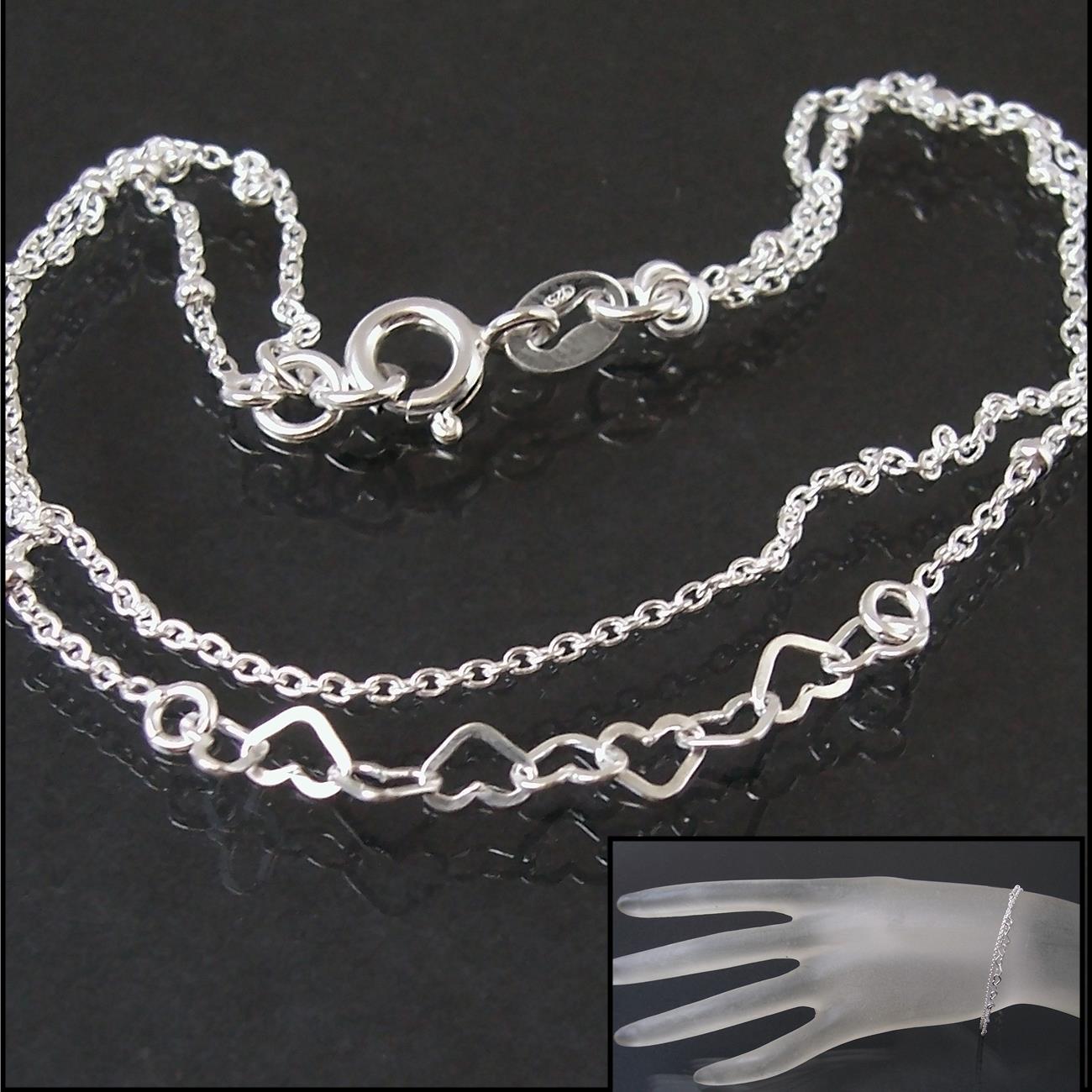 Armkette 2-lagig Ankerkette 925 Silber Herzen Perlen 19cm 14924-19