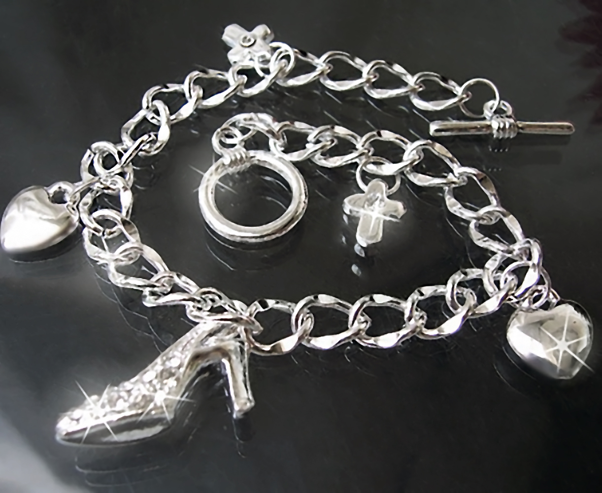 Armband Bettelarmband Silber pl Anhänger charms Herz Kreuz HighHeel Strass A1710