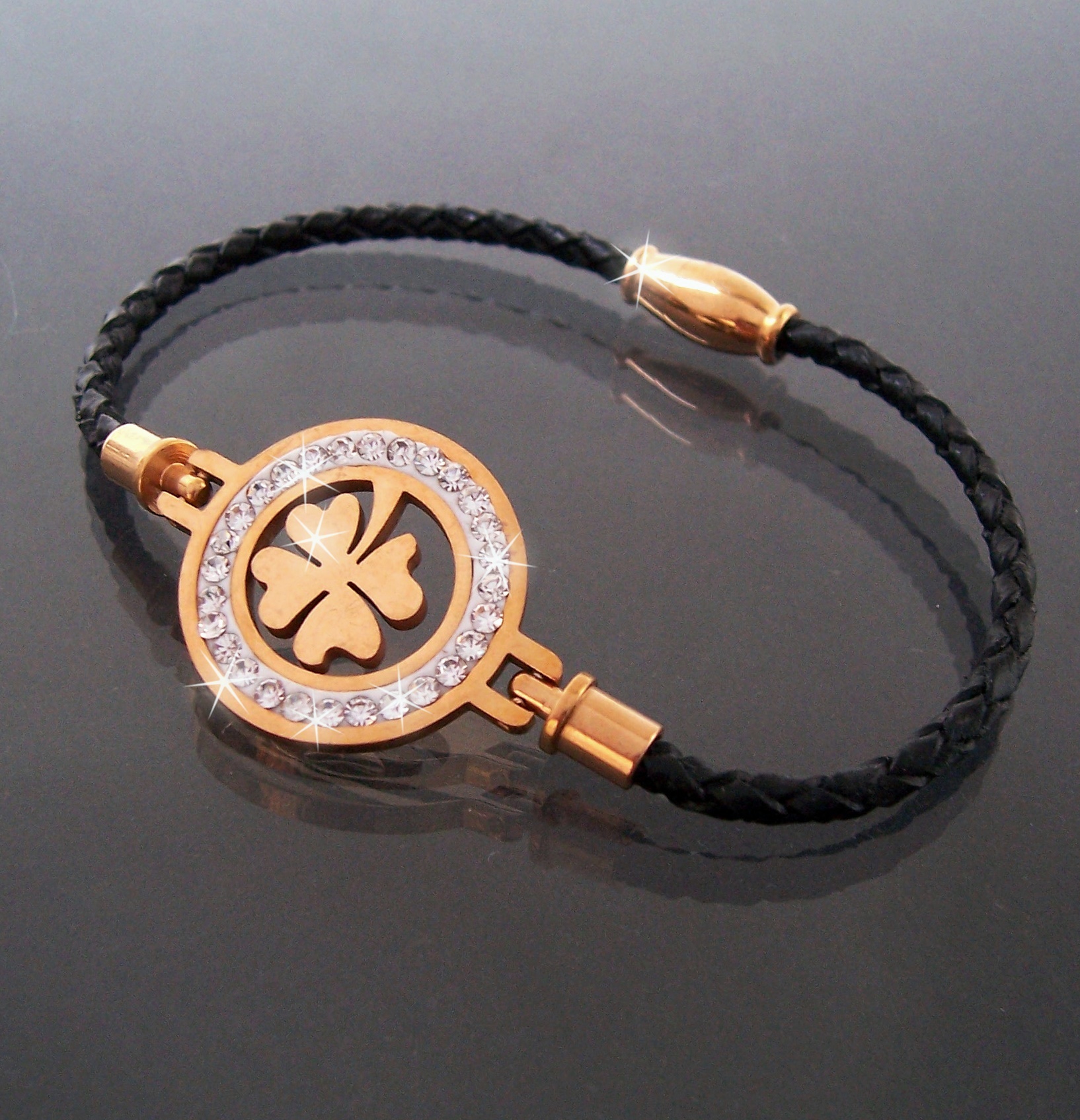 Armband Leder schwarz Edelstahl Magnet Kleeblatt gold Strass A77748