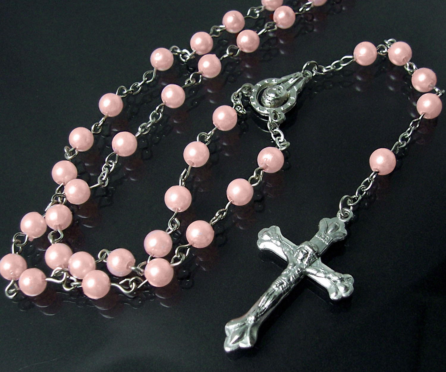 Rosenkranz Kette Kreuzkette Jesus Perlen rosa Kreuz silber Damen K1242